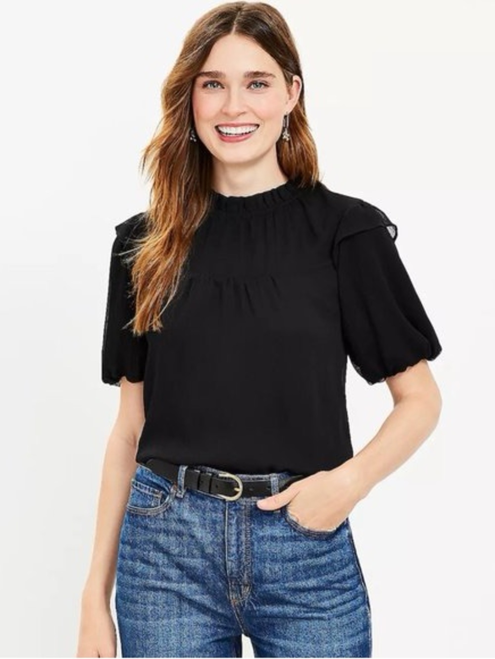 LOFT Black Puff-Sleeve Smocked-Neck Blouse